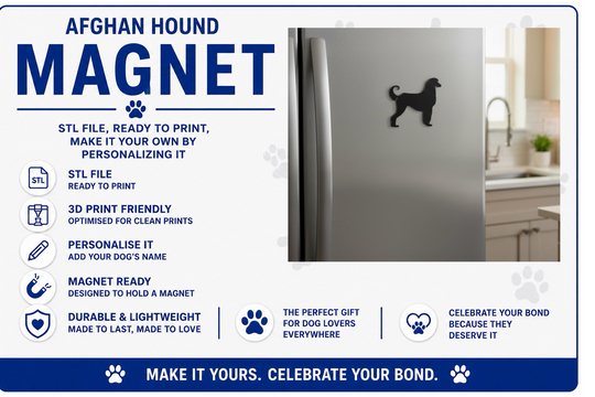 Afghan Hound magnet product description with a refrigerator magnet on a kitchen background
