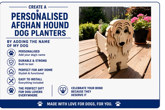 Personalised Afghan Hound dog planter on a wooden deck with text about customization and durability.
