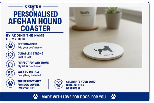 Personalised Afghan Hound coaster with product features listed on a white background