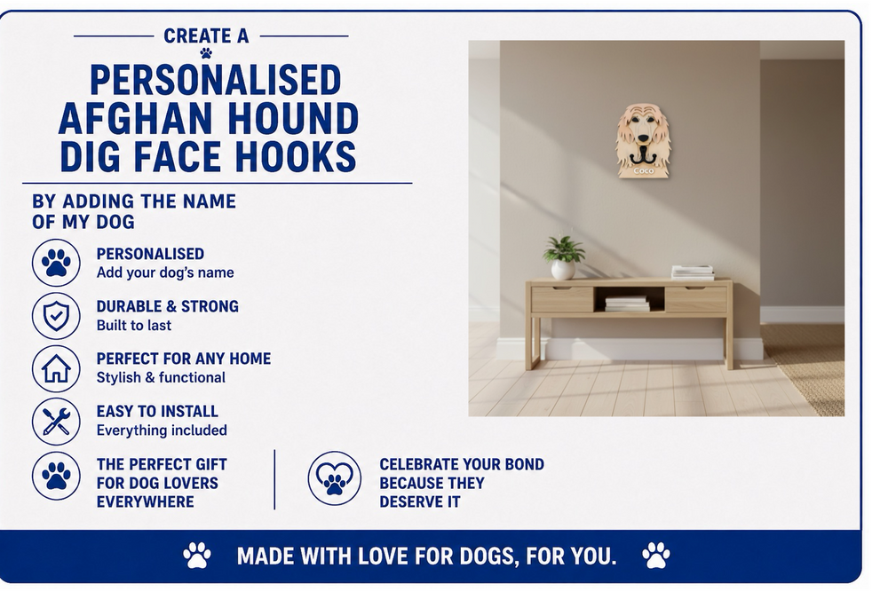 Advertisement for personalized Afghan Hound dig face hooks with a lifestyle image of a dog toy on a wall.
