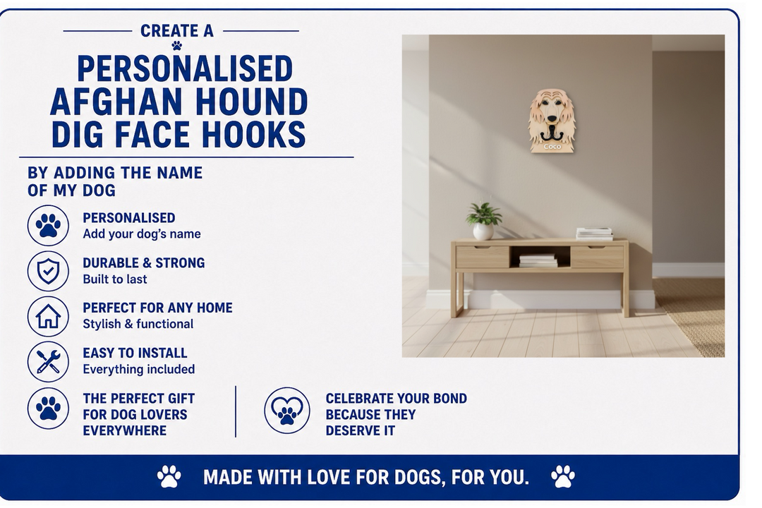 Advertisement for personalized Afghan Hound dig face hooks with a lifestyle image of a dog toy on a wall.
