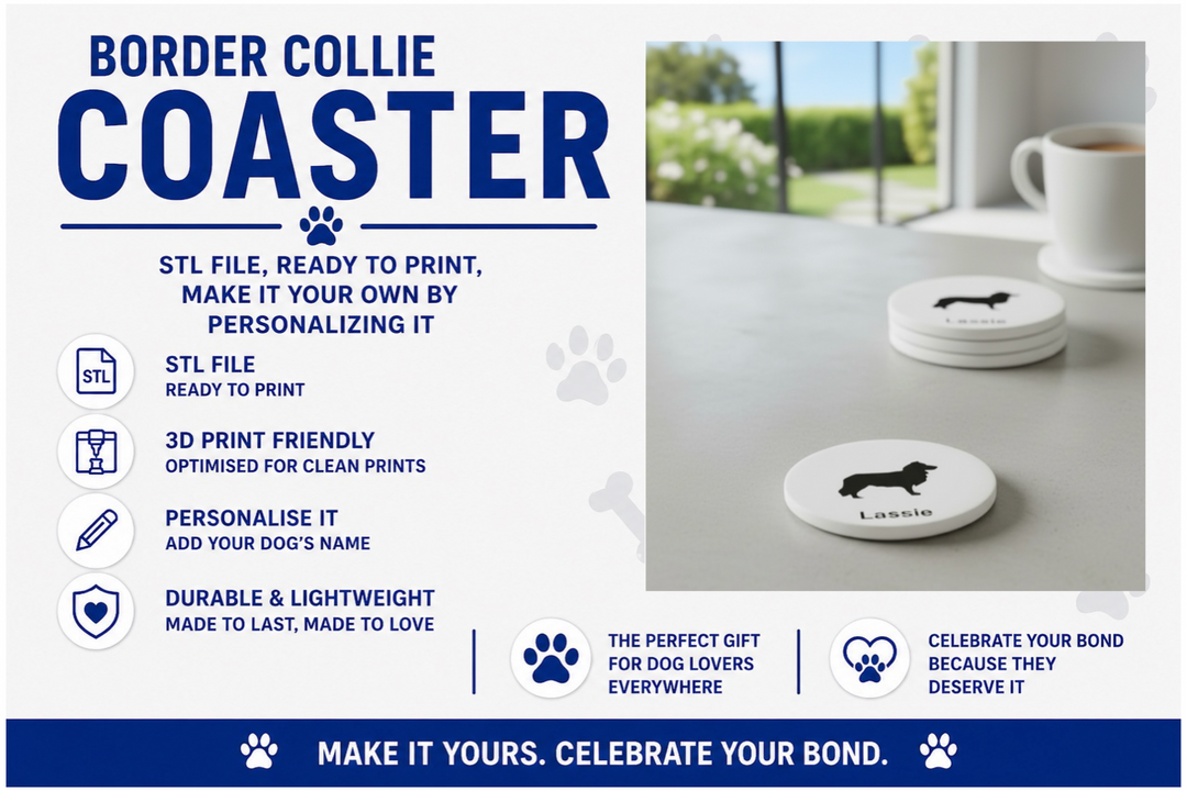 Advertisement for Border Collie coasters with product details and a sample coaster on a surface.