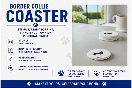 Advertisement for Border Collie coasters with product details and a sample coaster on a surface.