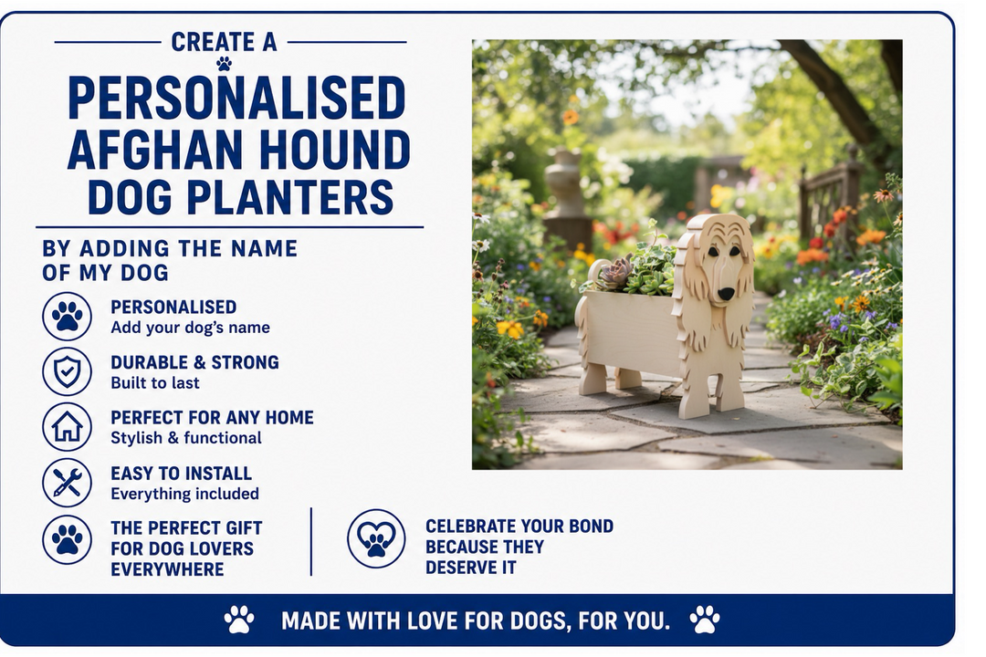 Personalised Afghan Hound dog planter with garden setting