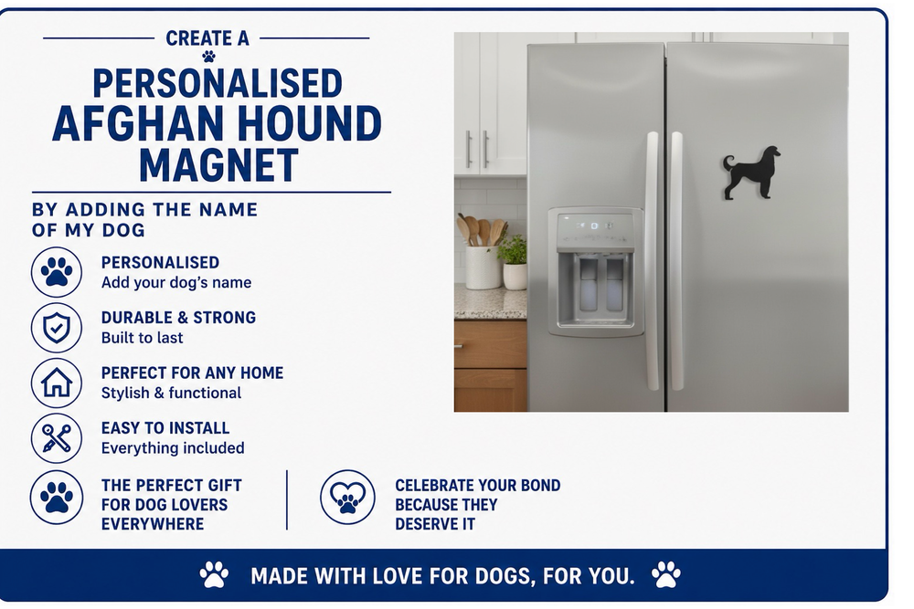 Advertisement for a personalized Afghan Hound magnet on a refrigerator with text detailing features.