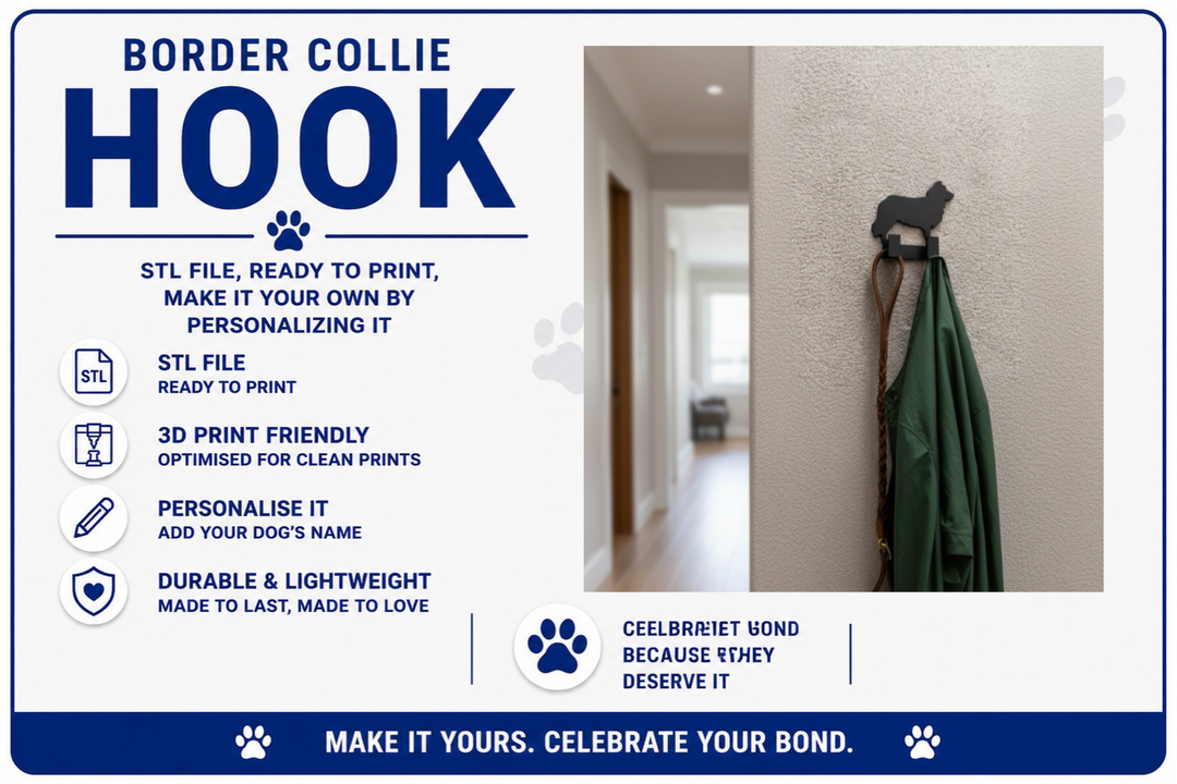 Advertisement for a Border Collie hook with text and a photo of a coat hanging on it.