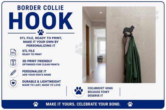 Advertisement for a Border Collie hook with text and a photo of a coat hanging on it.
