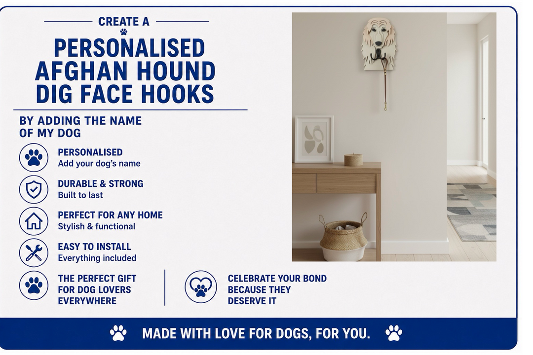 Advertisement for personalized Afghan Hound dig face hooks with product features and benefits.