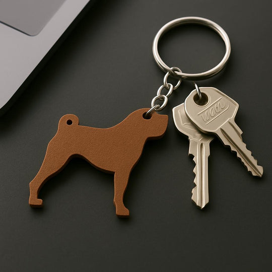 Keychain with dog-shaped tag and key on a dark surface