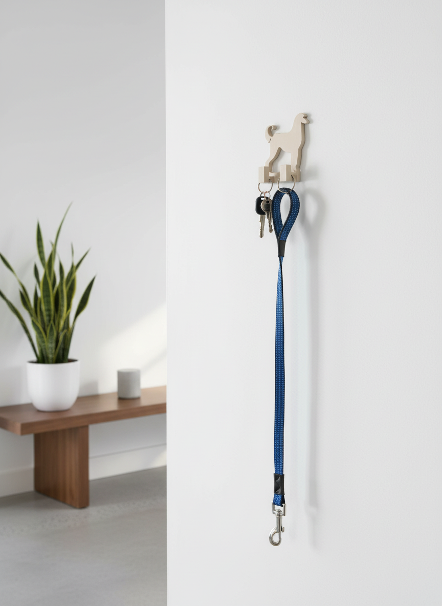 Hook on a white wall with a blue leash attached, next to a wooden bench with a plant and candle.