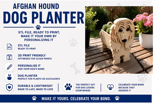 Wooden Afghan Hound dog planter on a wooden surface with text about customizable STL file for 3D printing.