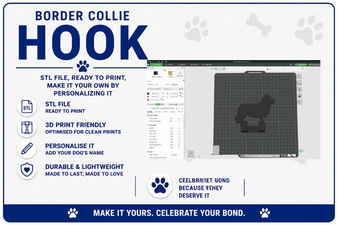 3D printing software interface with a Border Collie design and text about the product.