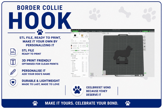 3D printing software interface with a Border Collie design and text about the product.