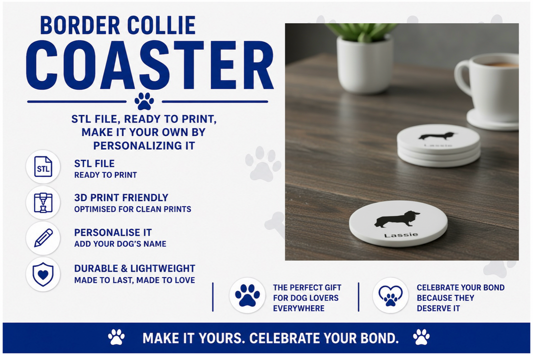 Advertisement for Border Collie coasters with text and images of coasters on a table.