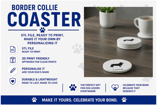 Advertisement for Border Collie coasters with text and images of coasters on a table.