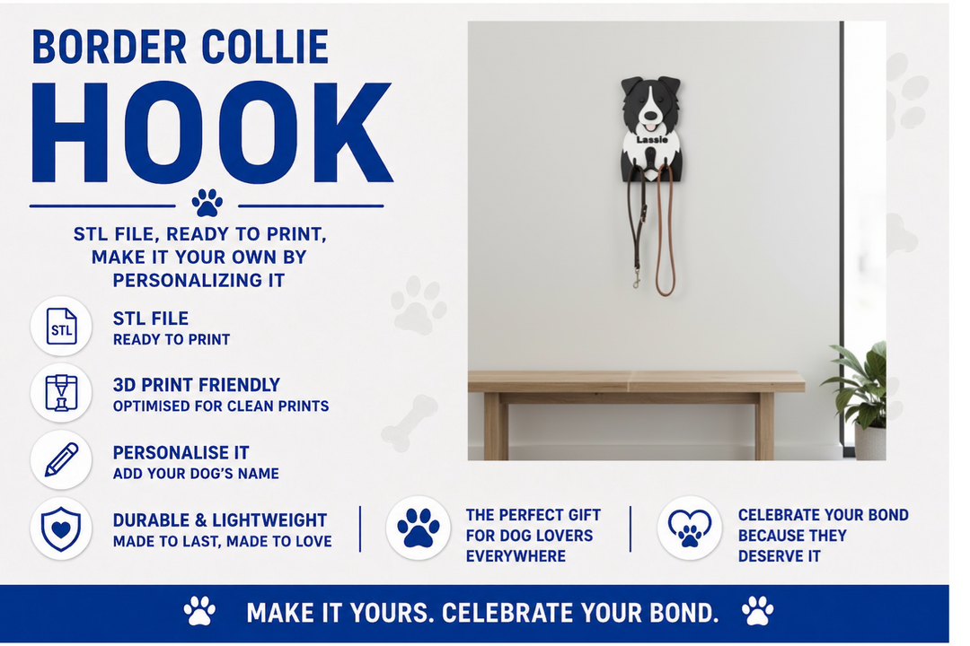 Advertisement for a Border Collie-themed hook with text about customization and features.