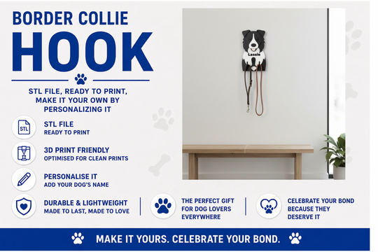 Advertisement for a Border Collie-themed hook with text about customization and features.