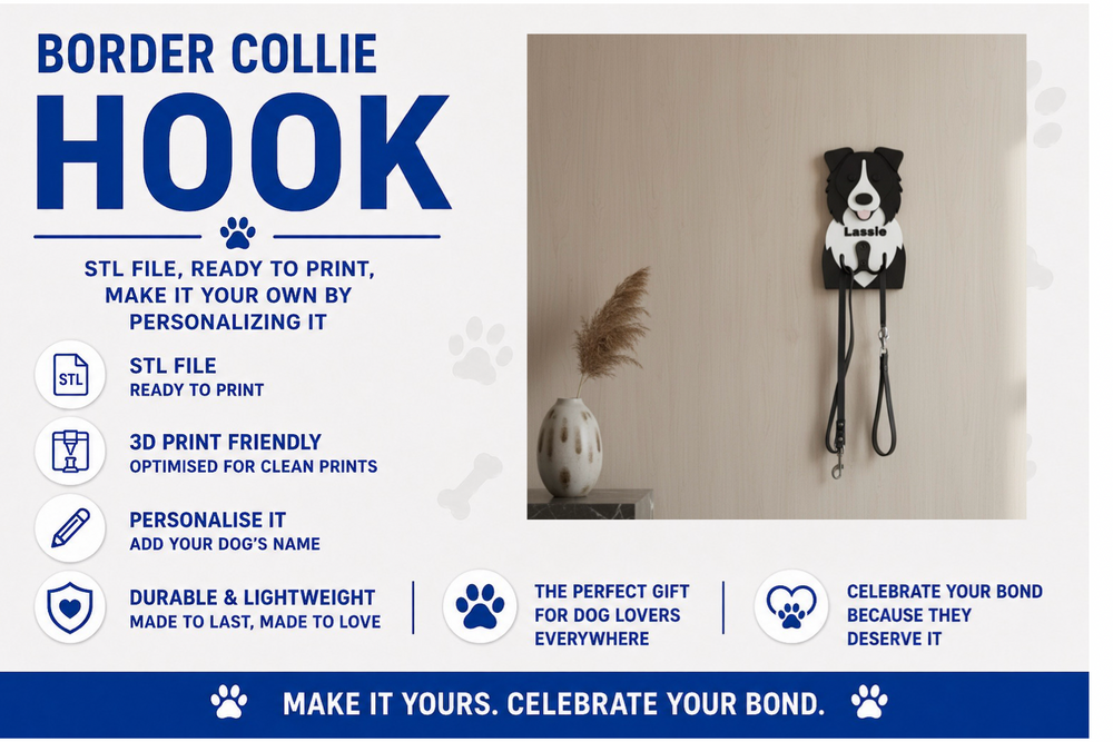 Border Collie hook with leash on a wall, promotional text about STL file and customization options.