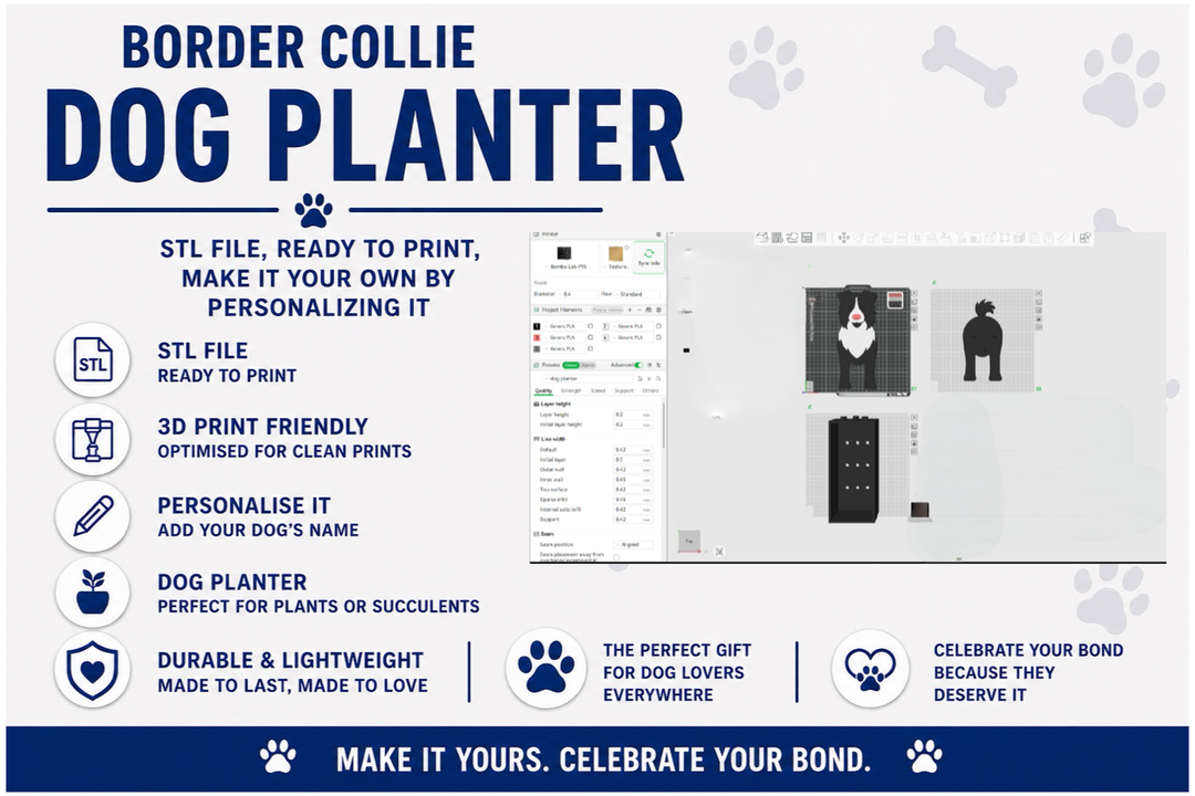Advertisement for a Border Collie dog planter with text and icons on a white background.