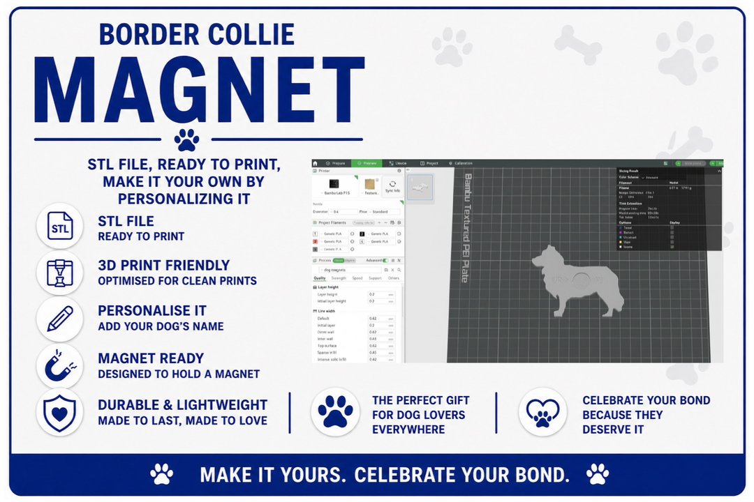 Advertisement for a Border Collie magnet with digital design software interface.