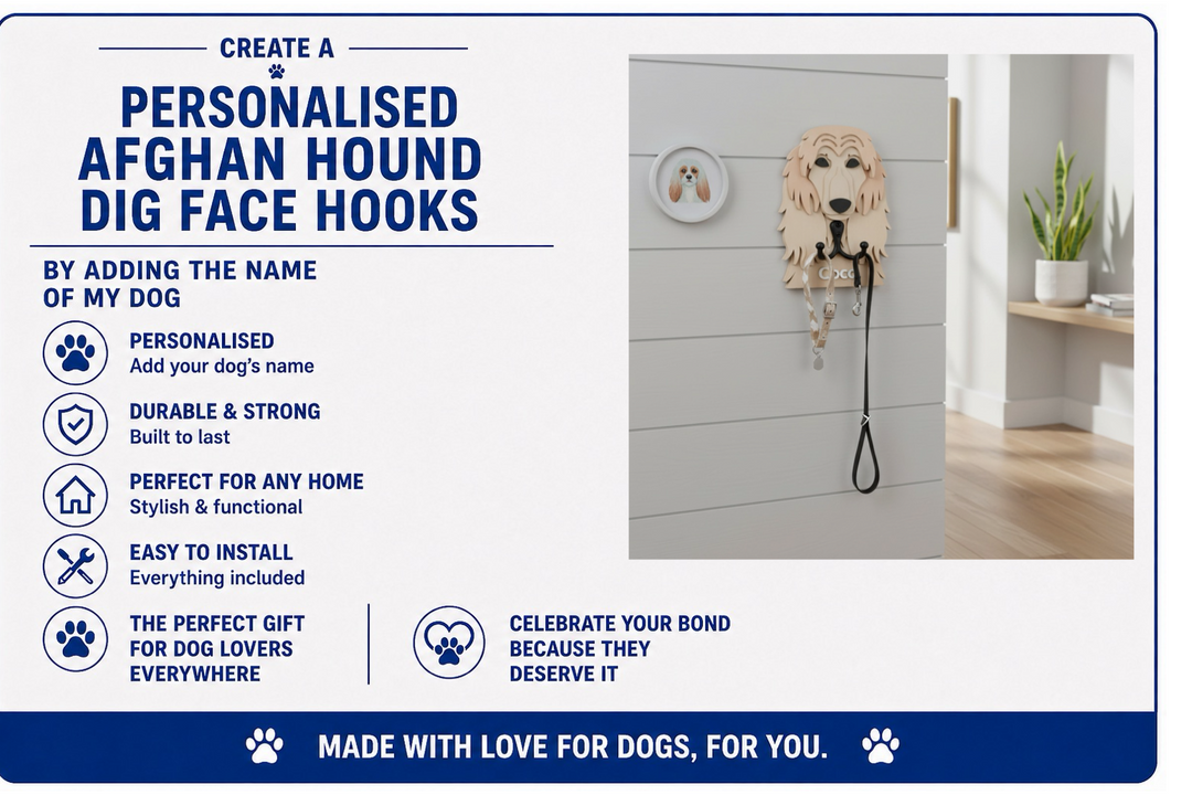 Advertisement for personalized Afghan Hound dig face hooks with product features and benefits.
