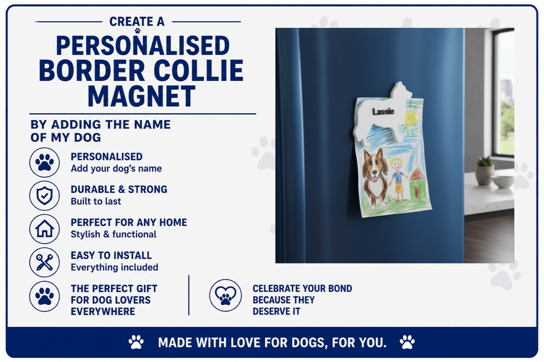 Advertisement for a personalized border collie magnet with a dog's name on a blue background.
