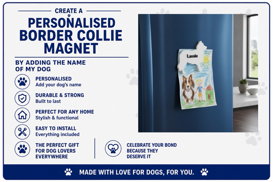Advertisement for a personalized border collie magnet with a dog's name on a blue background.