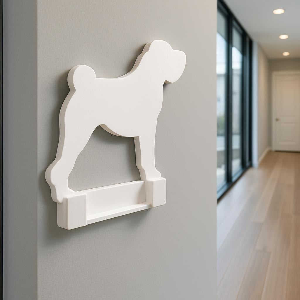 White dog-shaped wall shelf on a gray wall in a modern interior setting.