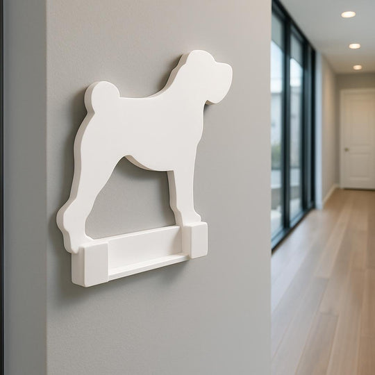 White dog-shaped wall shelf on a gray wall in a modern interior setting.