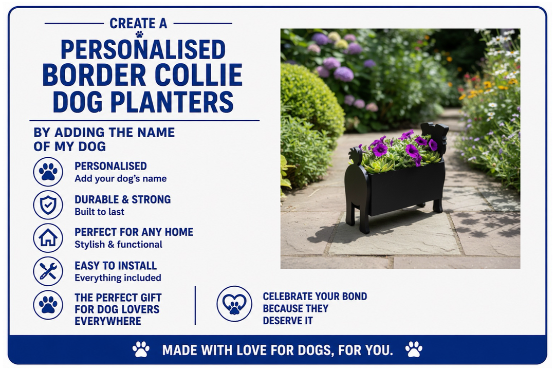 Advertisement for personalized Border Collie dog planters with a planter and flowers on a garden path.
