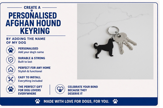 Keyring with dog design and text about creating a personalized Afghan Hound keyring.