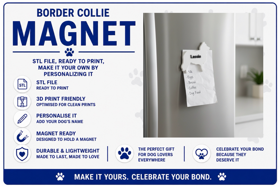 Advertisement for a Border Collie magnet with text and a photo of a refrigerator with a magnet.