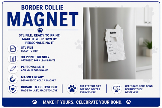 Advertisement for a Border Collie magnet with text and a photo of a refrigerator with a magnet.