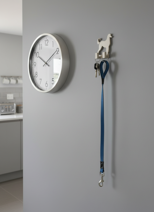 Wal with a dog-shaped key holder and leash on a gray wall.
