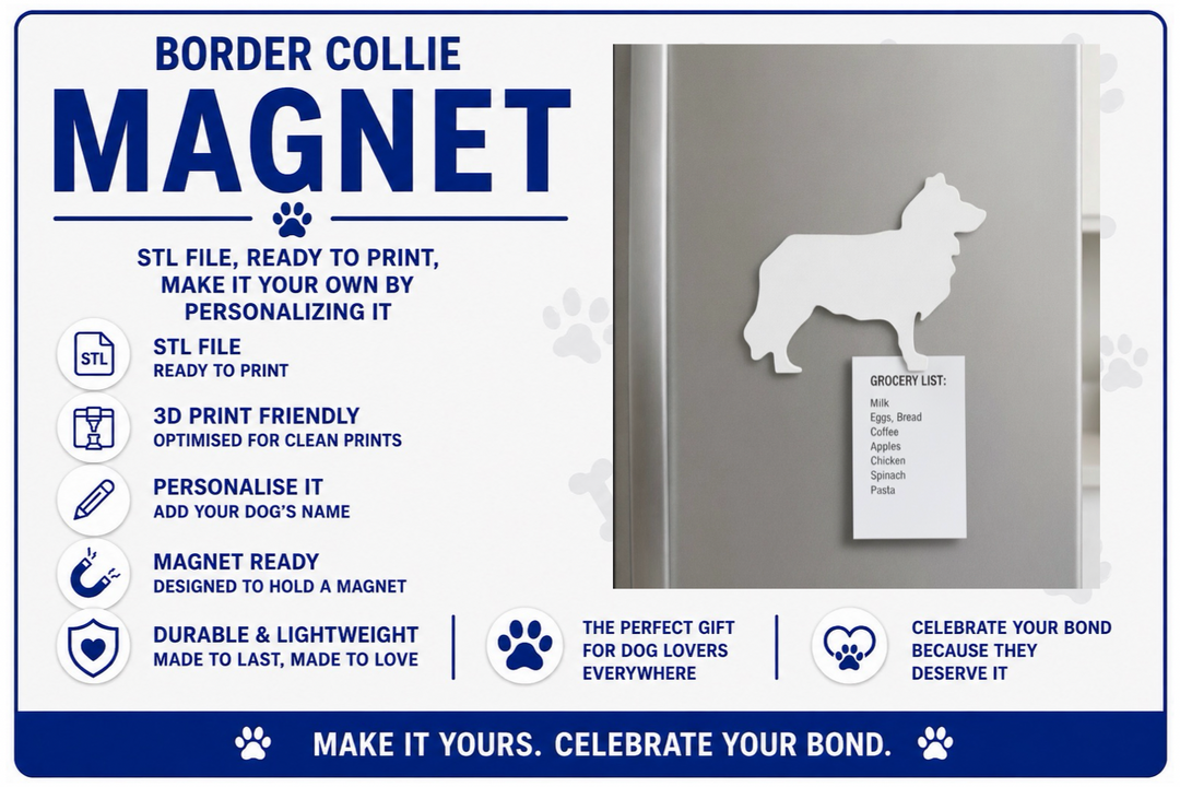 Border Collie magnet design with text on a white background