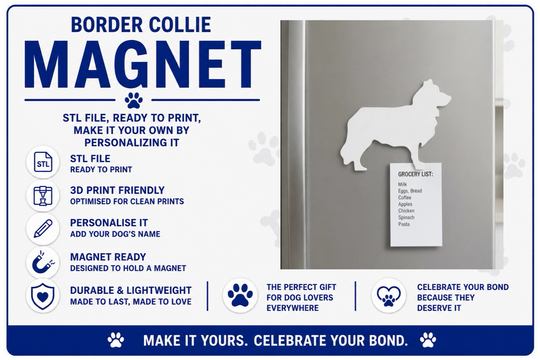 Border Collie magnet design with text on a white background