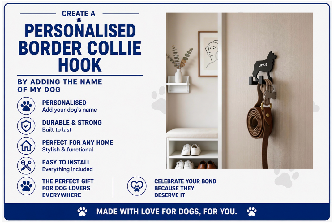 Advertisement for a personalized Border Collie hook with text and a product image.