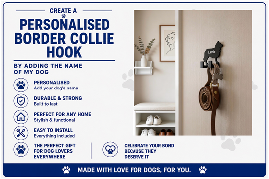 Advertisement for a personalized Border Collie hook with text and a product image.