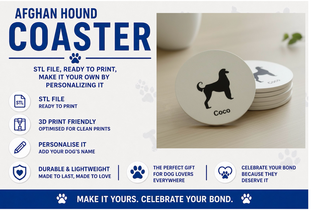 Afghan Hound coaster set with customizable name on a white background