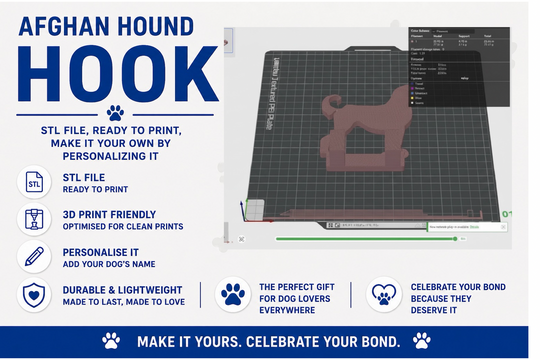 3D printing platform with a dog-shaped object and text about Afghan Hound Hook product.