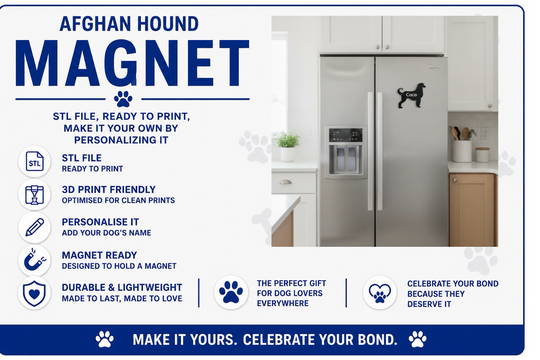 Advertisement for an Afghan Hound magnet with a kitchen background