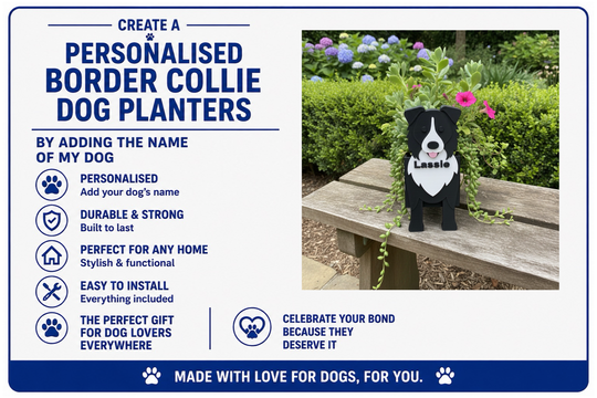 Advertisement for personalized border collie dog planters with a planter featuring a black and white dog design on a bench.