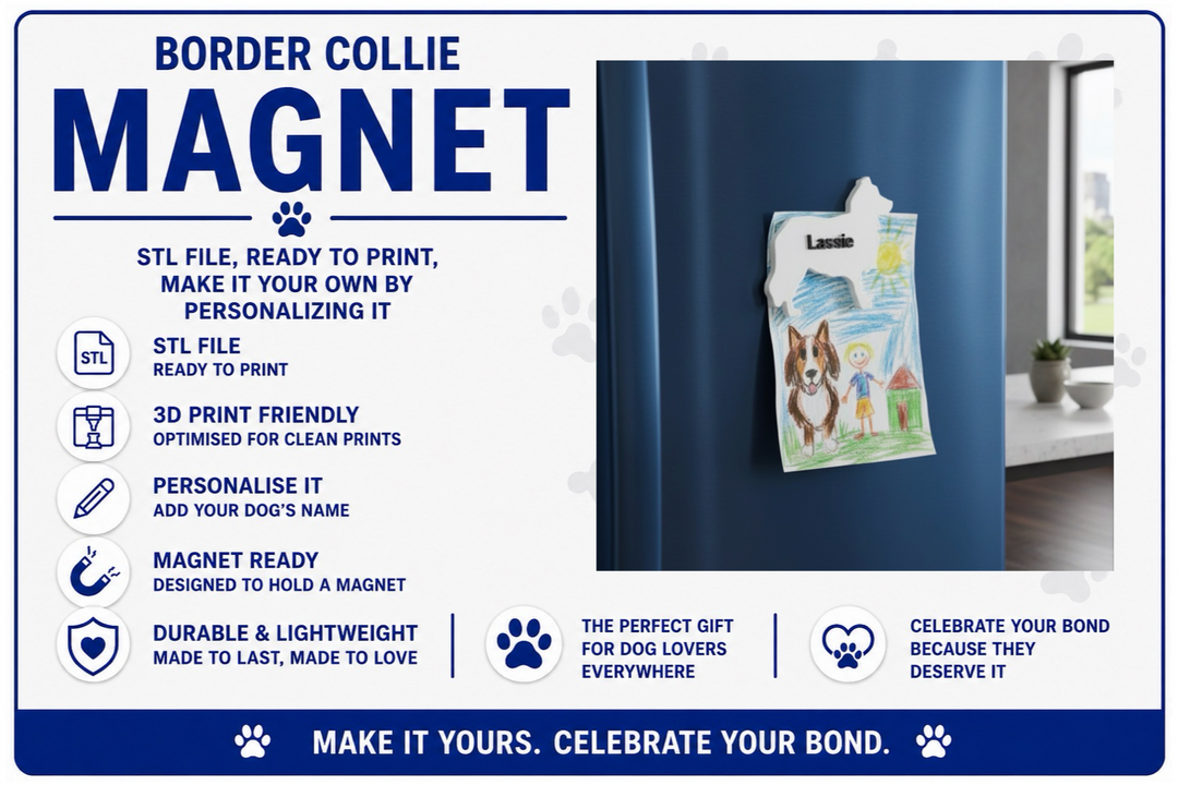 Advertisement for a border collie magnet with product features and usage example on a blue background.