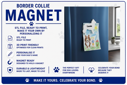 Advertisement for a border collie magnet with product features and usage example on a blue background.