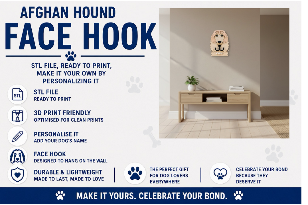 Advertisement for Afghan Hound face hook with product details and a sample installation on a wall.