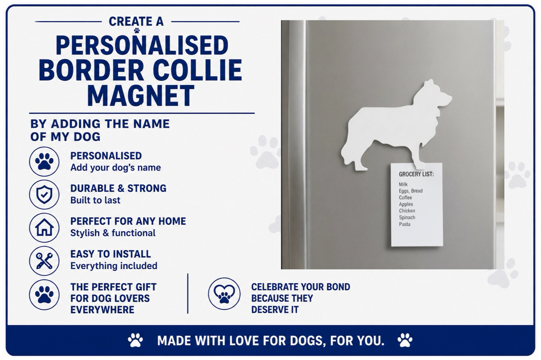 Advertisement for a personalized border collie magnet with text and a sample magnet on a white background.