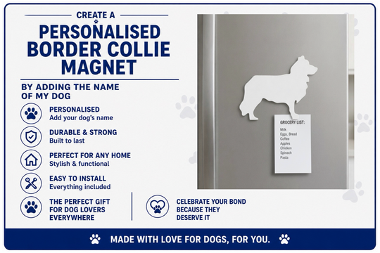 Advertisement for a personalized border collie magnet with text and a sample magnet on a white background.