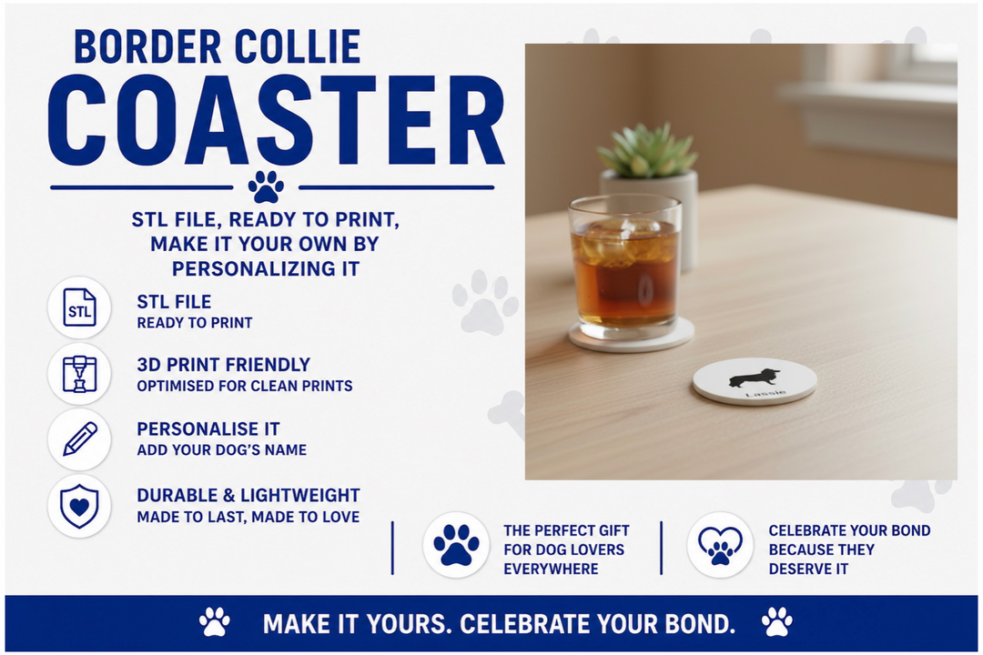 Advertisement for a Border Collie coaster with a glass of tea on a coaster.
