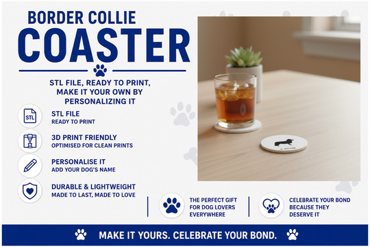 Advertisement for a Border Collie coaster with a glass of tea on a coaster.
