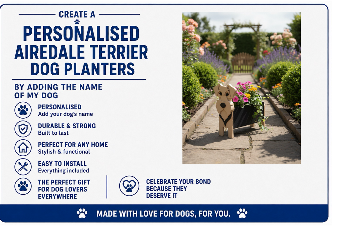 Advertisement for personalized Airedale Terrier dog planters with garden scene and text.